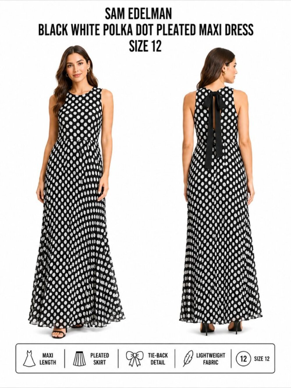 SAM EDELMAN BLACK WHITE POLKA DOT PLEATED MAXI DRESS SIZE 12 NWT